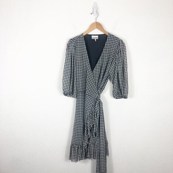 Ganni Gingham Mesh Wrap Mini Dress Size 40 Ruffle Stretch Black White Check - Picture 3 of 13